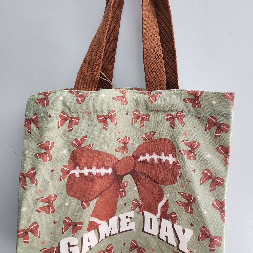 Game Day Football Bow Ribbon Light Canvas Tote Bag NWT - Picture 9 of 13